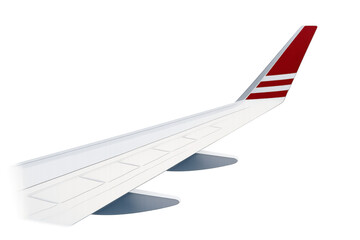 Airplane wing with red and white winglet on transparent background representing global travel and aviation industry