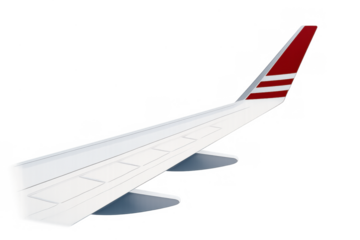Airplane wing with red and white winglet on transparent background representing global travel and aviation industry