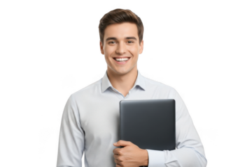 Young man holding a laptop isolated on transparent background