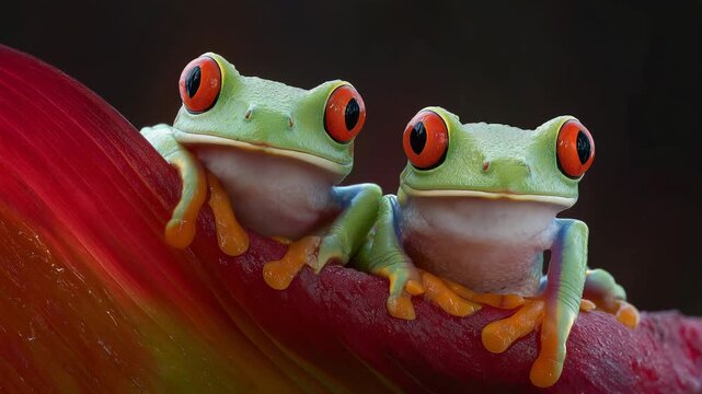 Two vibrant red eyed tree frogs resting on a wet red leaf macro close up with dark background agalychnis callidryas