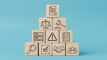 Fototapeta premium Legal Foundation: A conceptual arrangement of wooden blocks, each etched with symbols representing essential pillars of law and business, on a light blue backdrop.