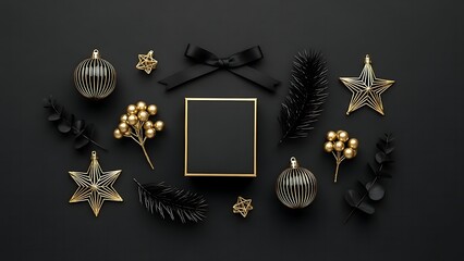 Elegant flat lay photo on black background featuring a black gift box surrounded by gold ornaments, stars, berries, and pine needles.