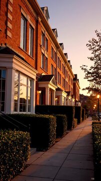 Row of brick townhouses bathed in warm sunset light. A peaceful sidewalk leads past manicured hedges.