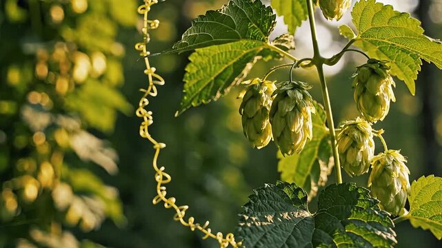 Close up of fresh green hop cones growing on a vine in the sunlight.