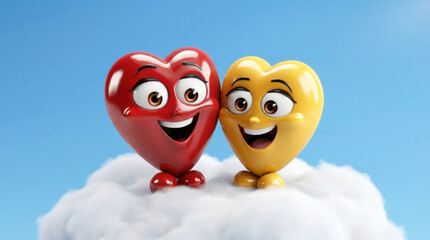 Two animated cartoon heart characters smiling on fluffy white cloud blue sky