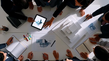 Top view of a corporate team of architects brainstorming over blueprints and white scale models, visualizing construction strategy