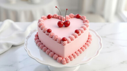 Heart shaped cake with pink frosting and cherries on a white cake stand