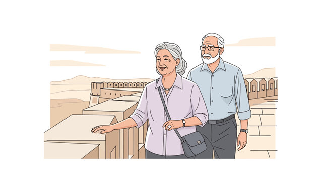 Elderly Couple Enjoying Scenic Views From Ancient Fortifications On Holiday Trip - Powered by Adobe