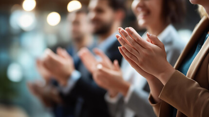 Faceless colleagues giving standing ovation awarded team member recognition workplace appreciation moment professional celebration display employee acknowledgment gesture