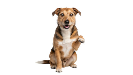 Playful puppy raising paw against white background