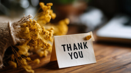 Text thank you on short note texture background display appreciation message presentation gratitude recognition symbol thankful note visualization defocused surface