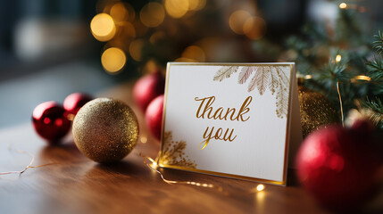 White thank you note card festive image gold text holiday decorations branches lights ornaments celebration gratitude appreciation expression display defocused decoration