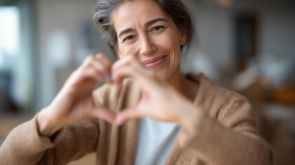 Faceless smiling female show heart gesture sign love support gratitude home charity donation display appreciation recognition moment thankful expression visualization