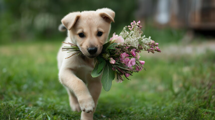 Adorable animal fetches summer flowers bouquet running green grass lawn sunny day joyful playful appreciation moment nature gratitude display defocused outdoor background