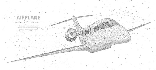 Drone. Low poly 3D airplane with polygonal mesh structure. Futuristic aviation design, digital aircraft model, transportation technology, modern airline concept. Polygonal illustration.