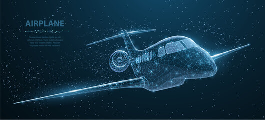 Obraz na płótnie Canvas Airplane. Abstract 3d polygonal wireframe airplane on blue night sky with dots and stars. Travel, aircraft, tourism, vacation concept illustration or background