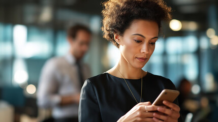 Faceless business woman looking cellphone male colleague office environment professional communication moment workplace interaction display business collaboration scene