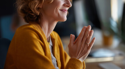 Faceless happy woman hands put prayer pose meditation practice spiritual gratitude moment peaceful appreciation gesture mindfulness expression display defocused background