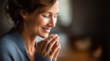 Faceless happy woman hands put prayer pose meditation practice spiritual gratitude moment peaceful appreciation gesture mindfulness expression display defocused background