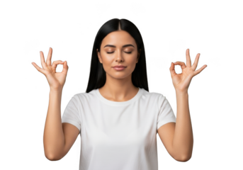 Woman meditating with eyes closed and hands in mudra isolated on transparent background