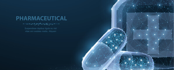 Obraz na płótnie Canvas Pills. Abstract polygonal wireframe two capsule pills near bottle blue background. Medical, pharmacy, health, vitamin, antibiotic, pharmaceutical, treatment concept illustration or background