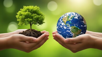Hands holding a small tree with soil and the Earth globe, symbolizing environmental care