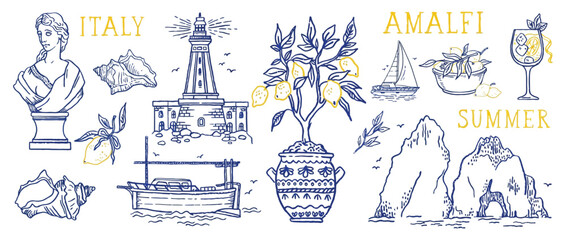 Summer lemon beach vector illustration of Amalfi Italy with hand drawn Italian sea coast icons, coastal watercolor background, vintage boat, Mediterranean shore and lemon cocktail for vacation design