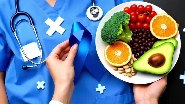healthcare professional surrounded symbols diabetes care including blue ribbon plate healthy foods
