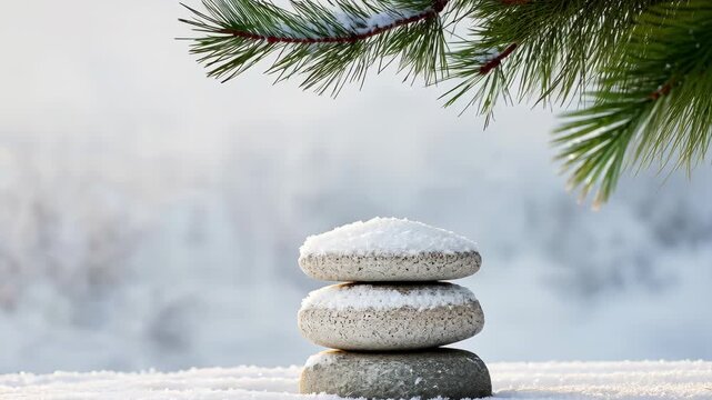 Serene winter scene with snowcovered stones and pine boughs
