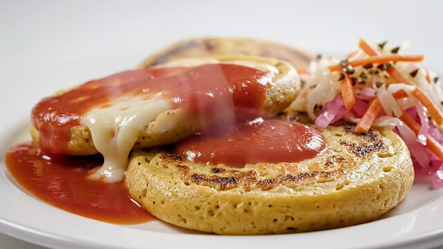 Pupusas with Curtido and Salsa - This close-up shot showcases traditional pupusas served on a white plate, adorned with a vibrant curtido slaw and a generous helping of red salsa.