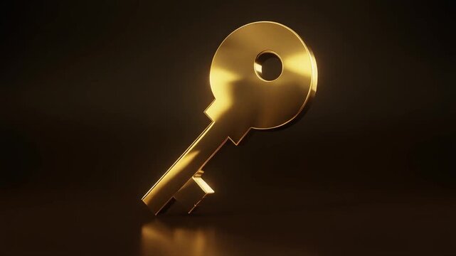 Shiny golden key casting a subtle reflection on a dark, smooth surface metallic