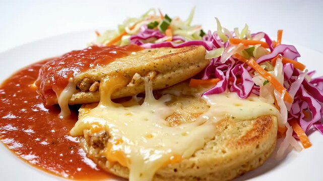 Savory Pancakes with Cheese and Salad - This video shows two savory pancakes topped with melted cheese and red sauce, stacked on top of each other.