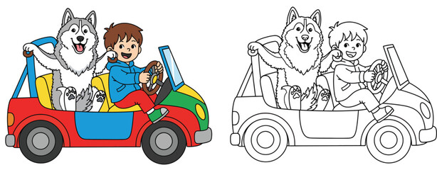 Fototapeta premium Happy boy driving colorful convertible car with cute Husky dog passenger. Vector illustration set with black and white outline version for kids
