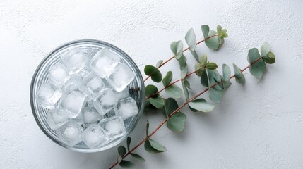 Glass bowl with ice cubes and eucalyptus branch on light background