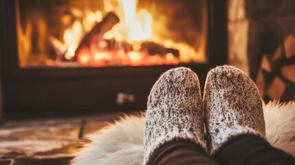 feet of a person in stockings next to a fireplace. generative ai