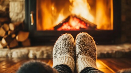 feet of a person in stockings next to a fireplace. generative ai