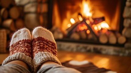 feet of a person in stockings next to a fireplace. generative ai