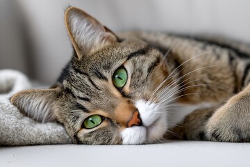 A close-up view of a tabby cat resting on a soft surface, showcasing its striking green eyes and detailed fur patterns. Peaceful feline portrait.