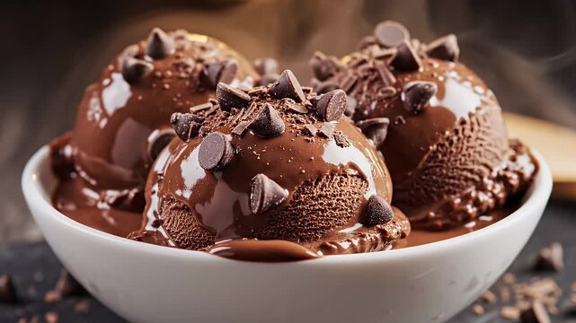Chocolate Ice Cream Bowl - This video shows three scoops of rich, dark chocolate ice cream in a white bowl, topped with chocolate chips and shavings.