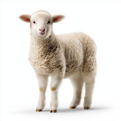 Fototapeta premium Cute White Baby Lamb Standing Isolated on White Background, Symbol of Innocence, Purity, Spring and New Life in Farm Animals Concept
