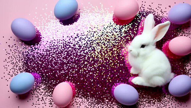 vertical easter decoration photo features shiny confetti bunnies lilac pink white eggs soft pastel pink background