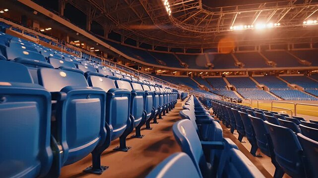 Empty Blue Stadium Seating - This video shows rows of empty blue seats in a stadium, illuminated by bright overhead lights. The perspective offers a view up through the seating tiers.