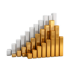 Gold silver bar chart financial growth graph isolated on transparent background