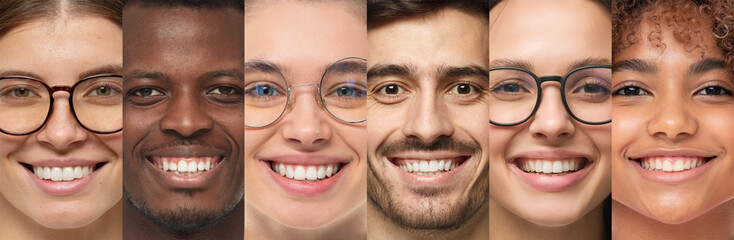 Horizontal banner of diverse smiling faces of young people