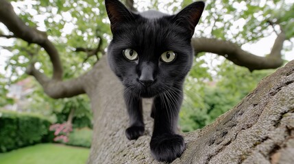 A black cat with striking green eyes climbs a tree, surrounded by vibrant greenery and soft sunlight. Playful feline in nature.