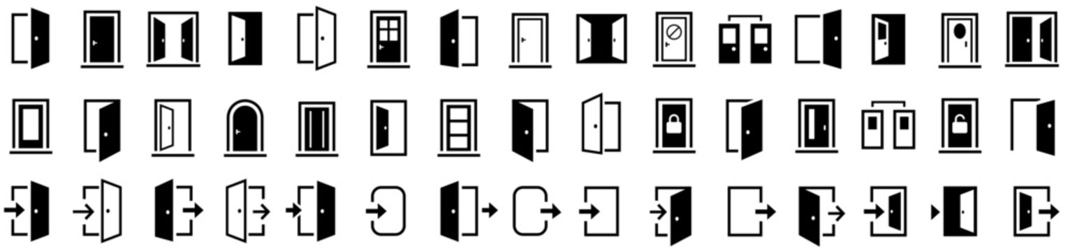 Door icons big set. Open door icons. Open, close and ajar door, login, logout, register, password, vip entrance, key, lock, exit and more. Editable stroke. Vector illustration.