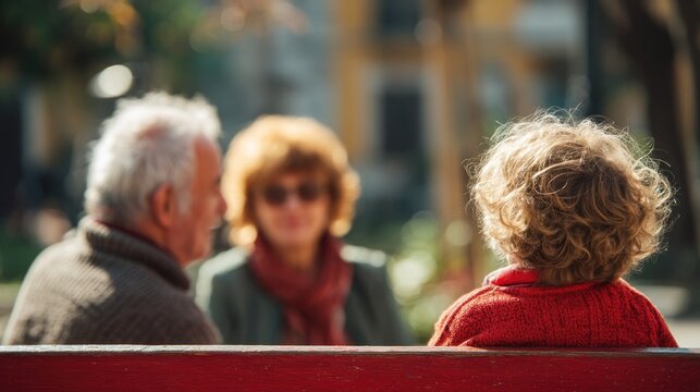 Elderly caucasian couple engaging with young girl on park bench in sunlight - Powered by Adobe