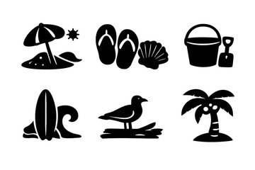 Obraz premium Coastal Life Icons. Solid style icons of Coastal Life: beach umbrella sand, flip-flops seashell, bucket spade, surfboard wave,