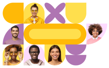 Collage of diverse happy people smiling portraits on colorful shapes design