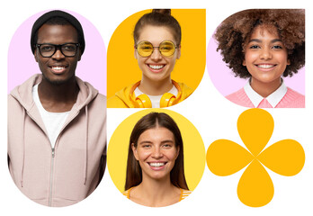 Collage of diverse happy young people smiling portraits on colorful shapes design
